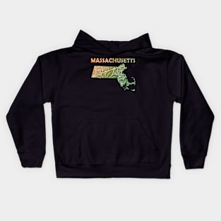 Colorful mandala art map of Massachusetts with text in green and orange Kids Hoodie